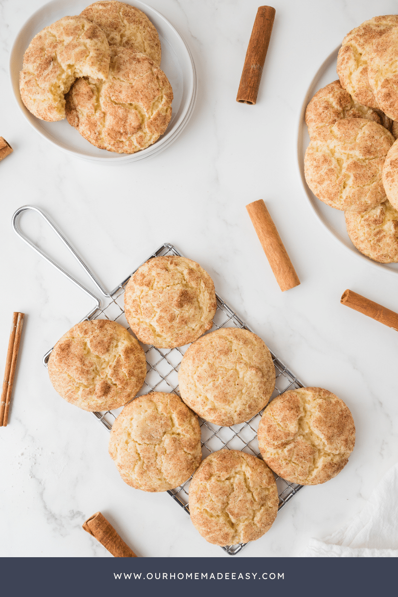 three stacks of finished soft snickerdoodle cookies
