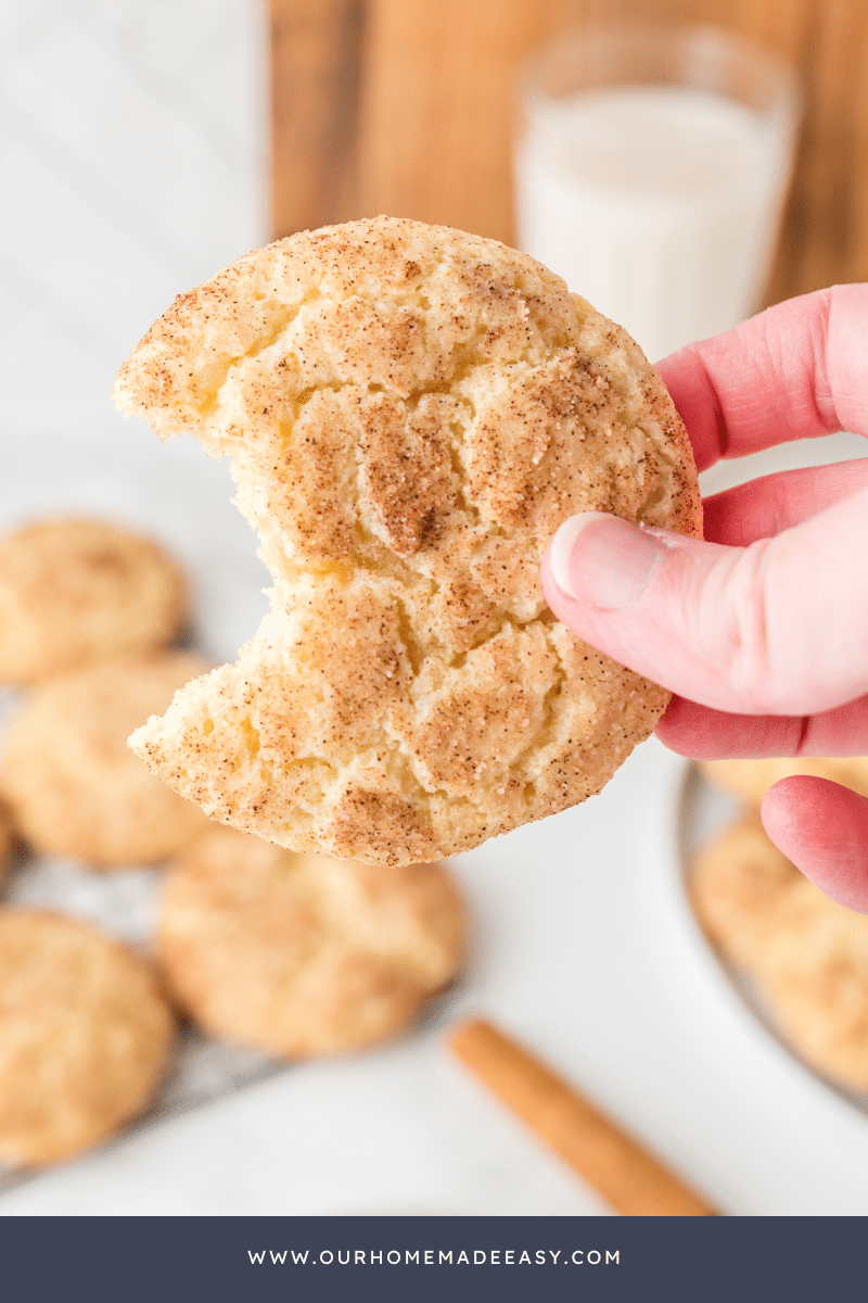 Bite shot of homemade snickerdoodle cookies.