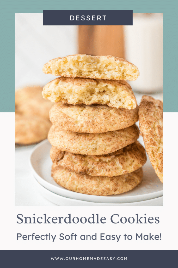 stack of soft snickerdoodle cookies on plate with text