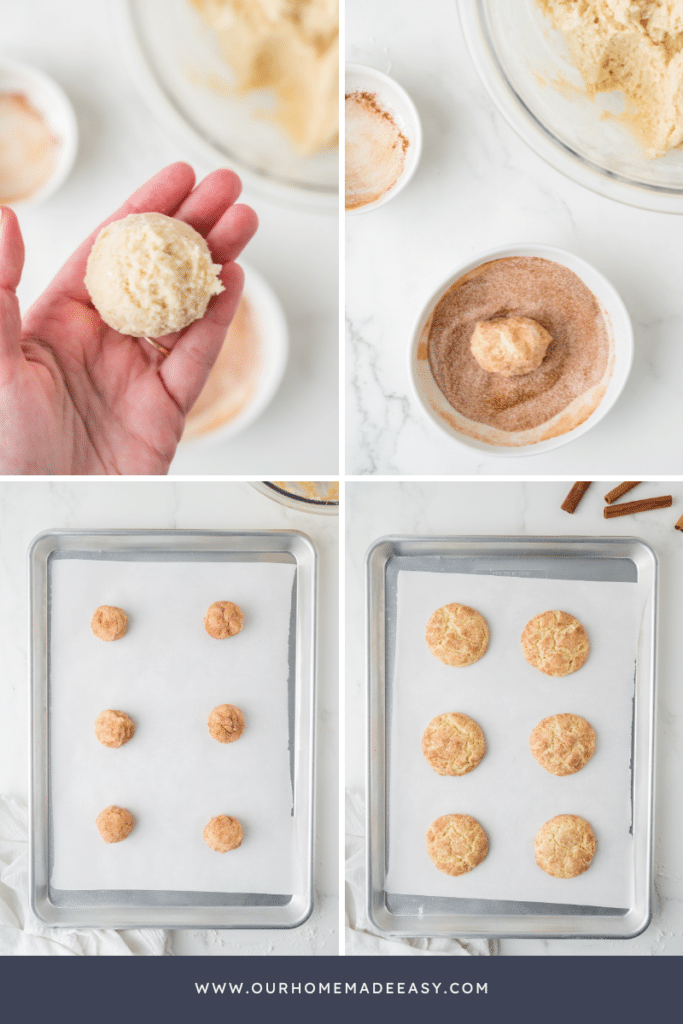 rolling snickerdoodle cookies in cinnamon sugar collage