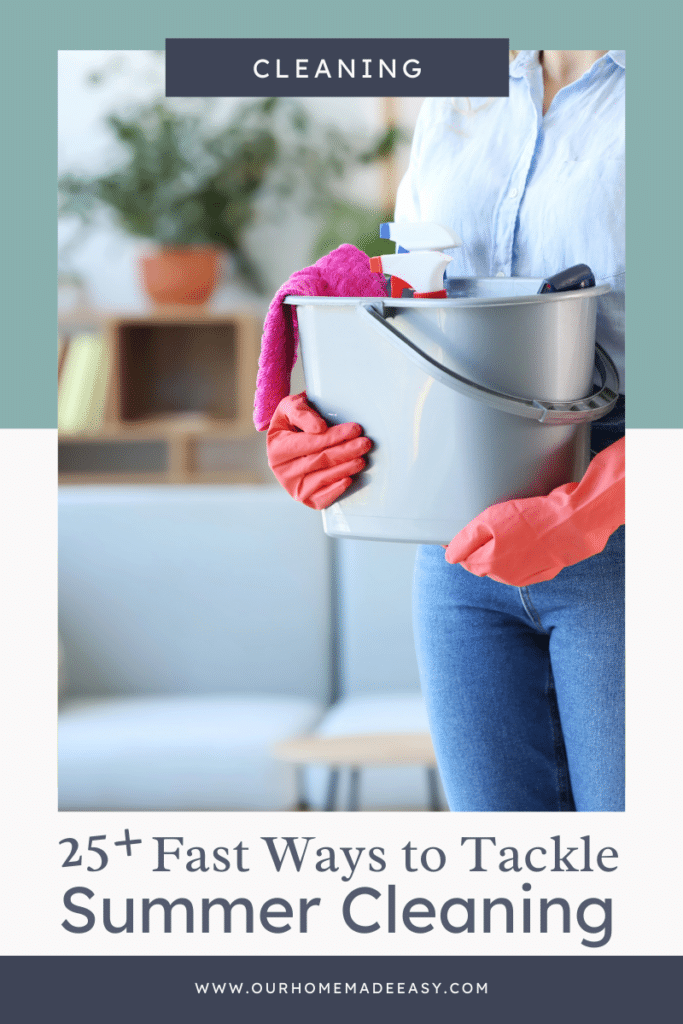 15 Minute Summer Cleaning Tips text with woman holding cleaning supplies