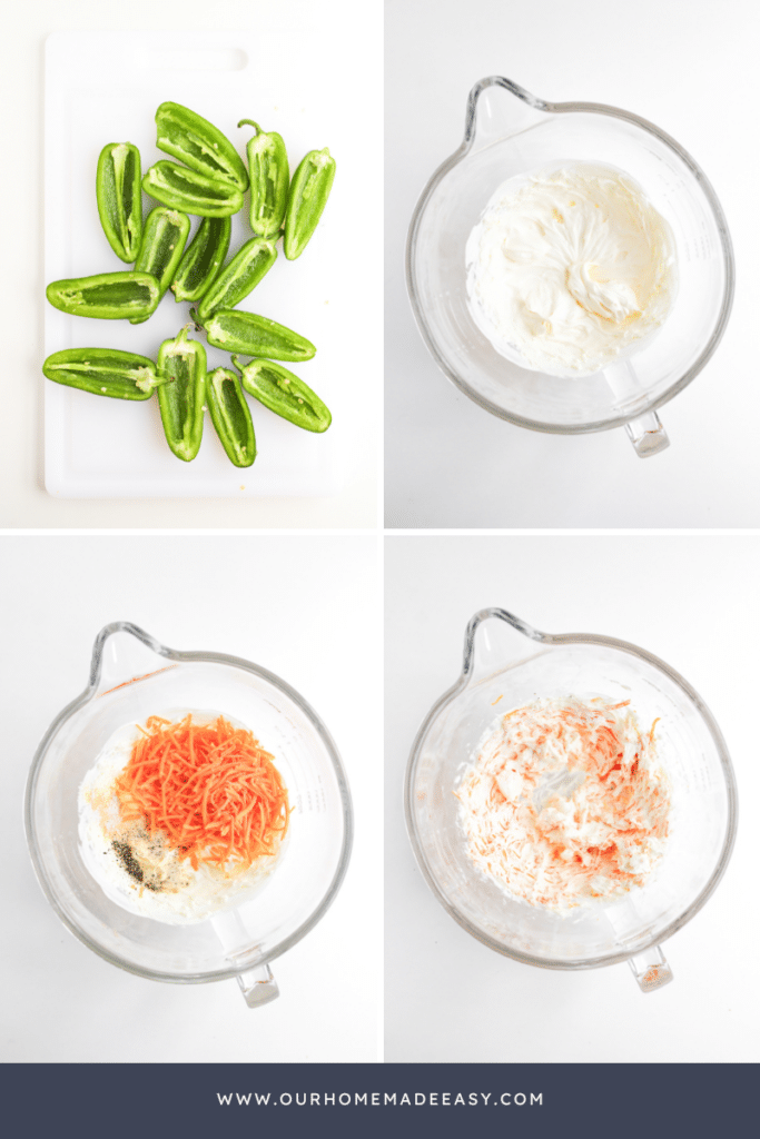 prepping jalapeno poppers and cream cheese mixture collage
