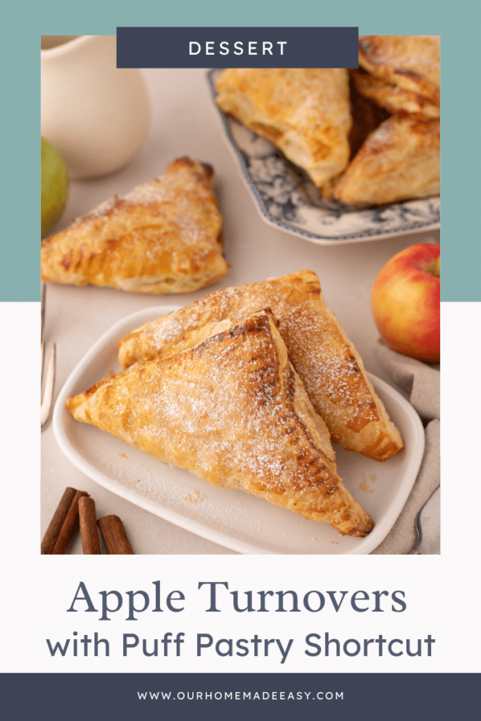 finished apple turnovers with puff pastry on white plate with text