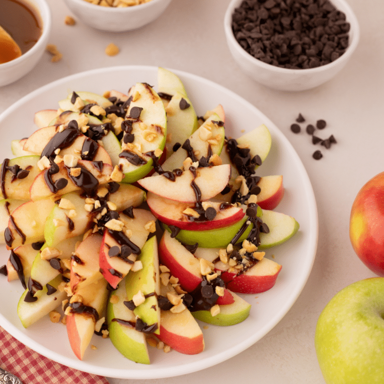 caramel apple nachos on plate on counter