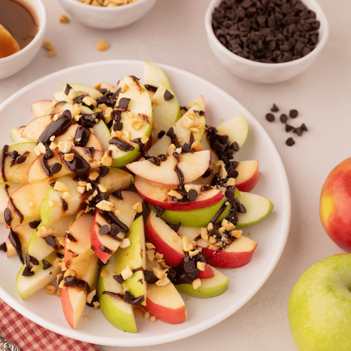 caramel apple nachos on plate on counter