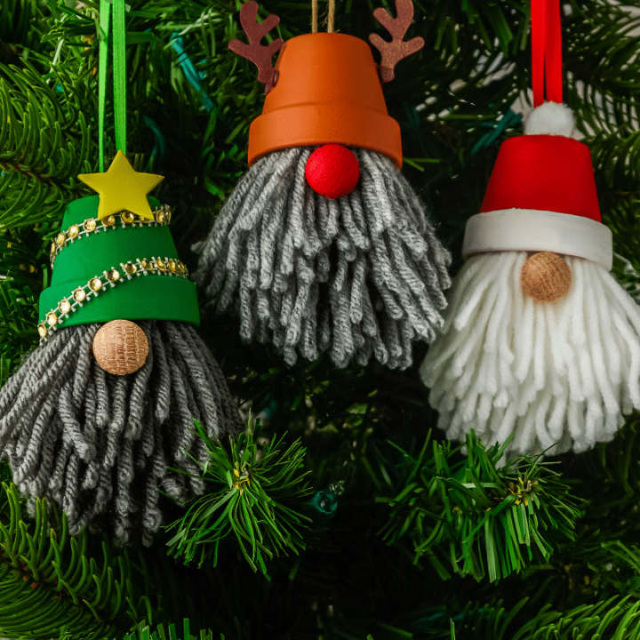 three styles of gnome ornaments hanging