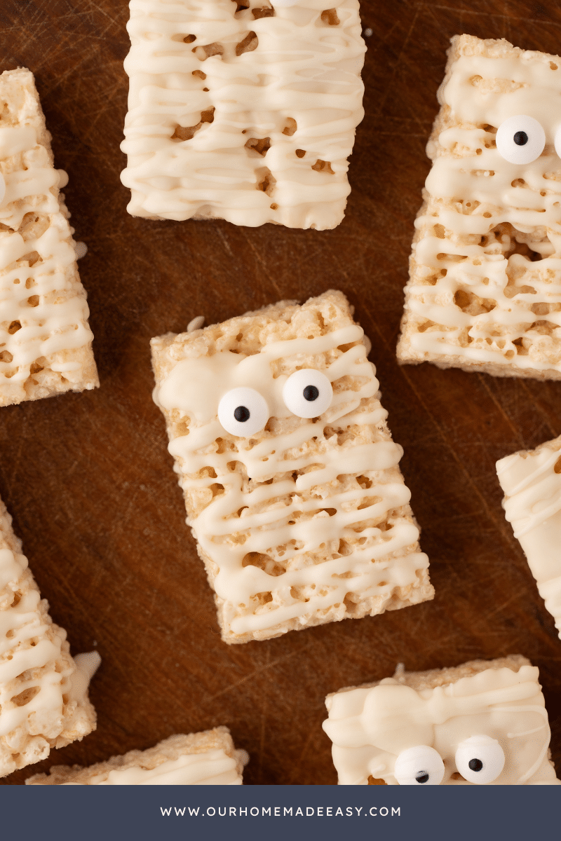 close up of finished mummy rice krispie treats