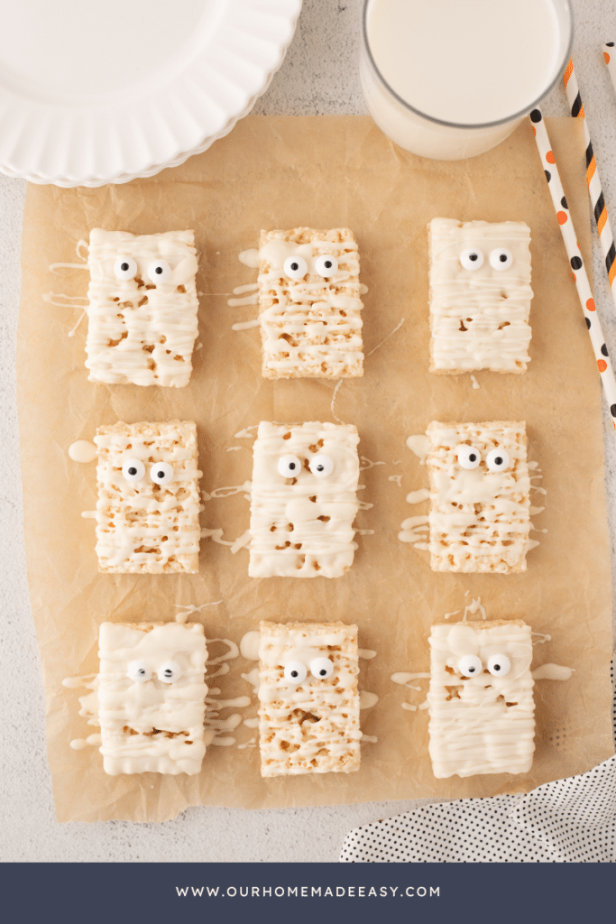 finished halloween rice krispie treats on parchment paper