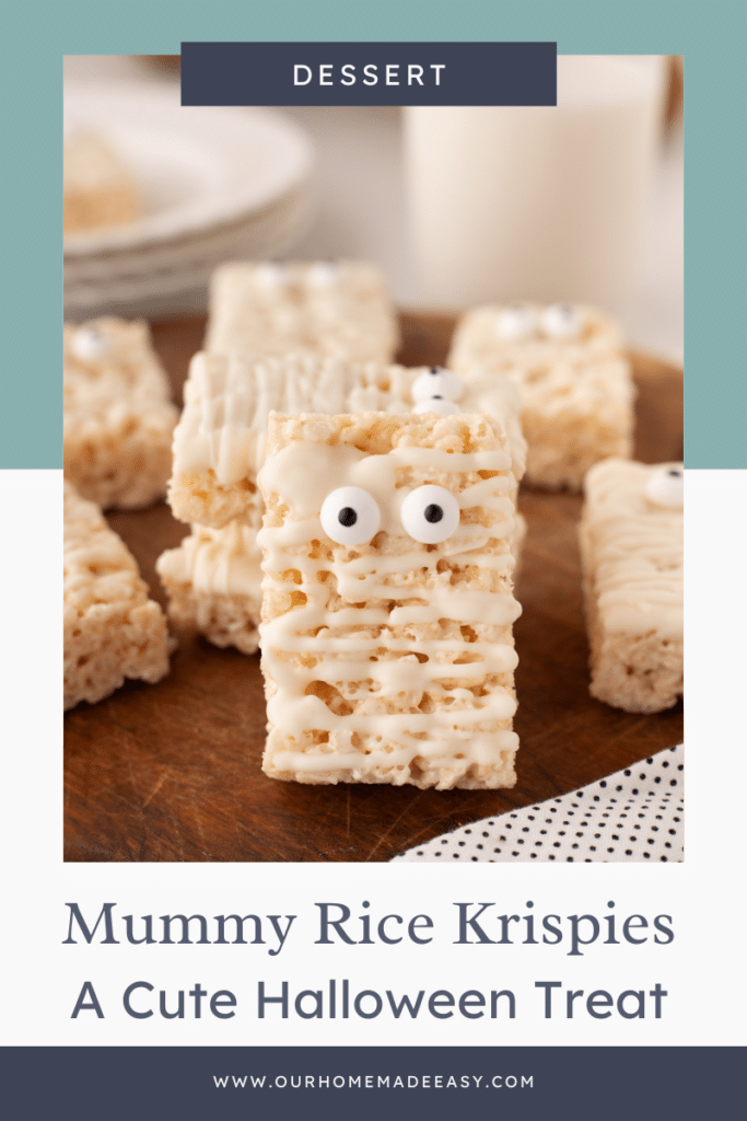 Halloween rice krispies on cutting board with text