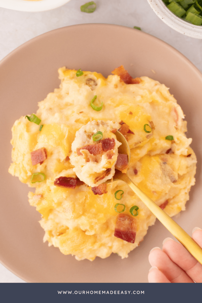 bite shot of loaded baked potato casserole
