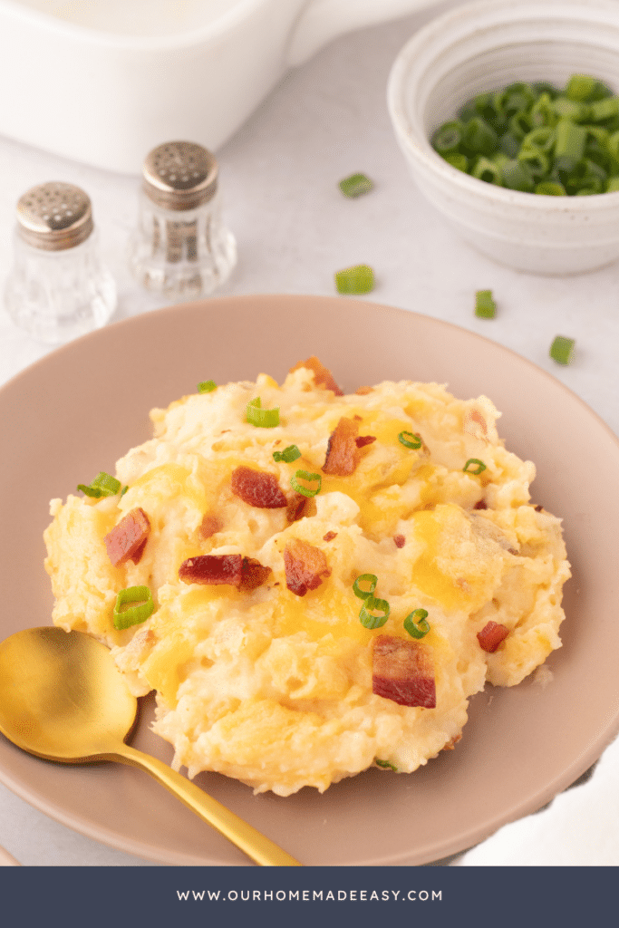 potato casserole on pink plate