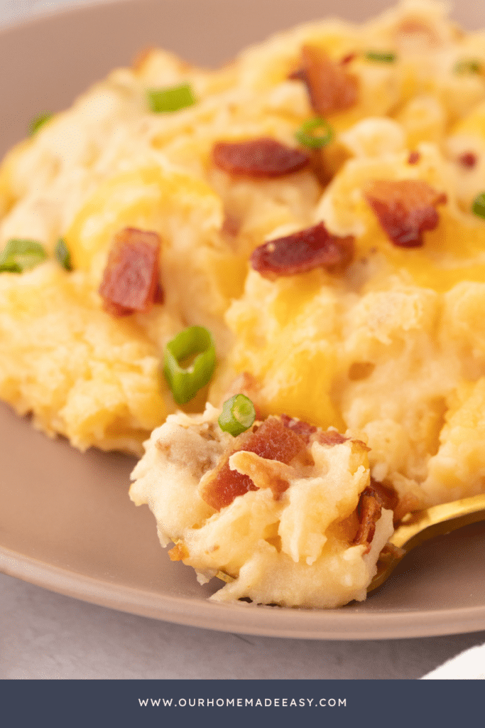 close up of bacon, cheddar, sour cream casserole