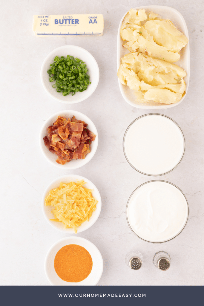 loaded baked potato casserole ingredients on countertop