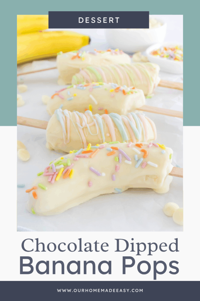 white chocolate banana popsicles on parchment paper with text