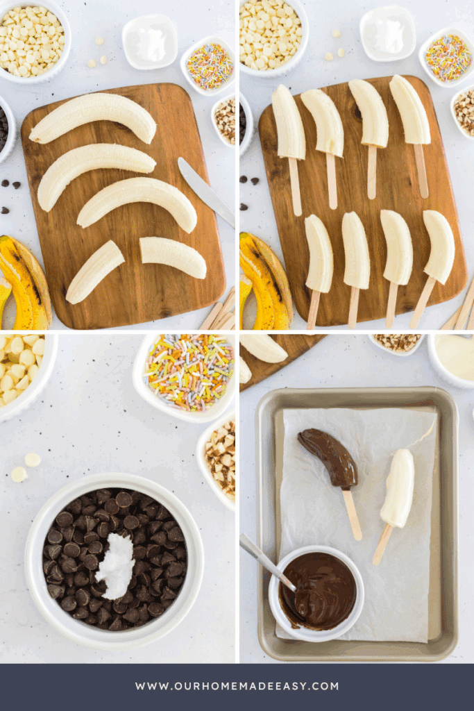 collage showing how to make chocolate banana popsicles