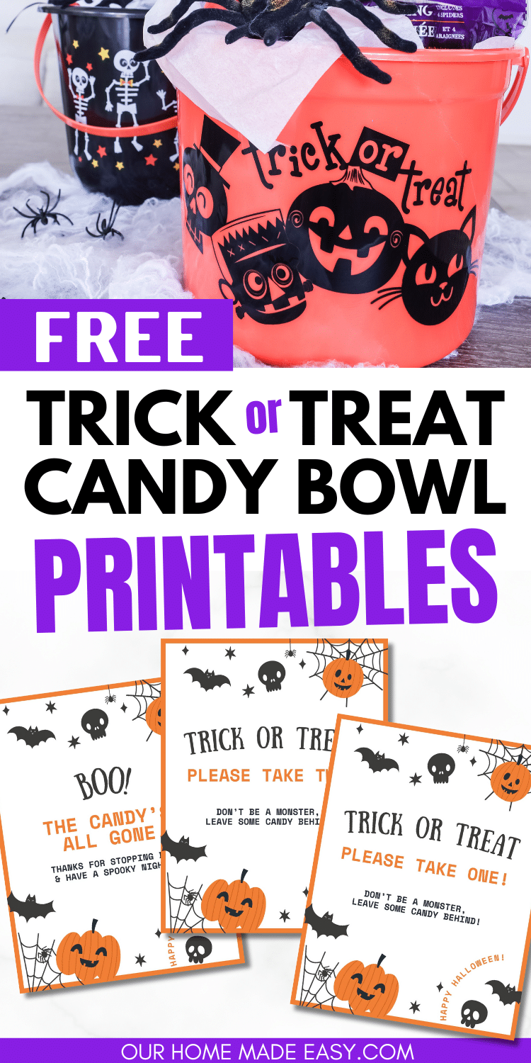 text and image showing printable trick or treat candy bowl signs