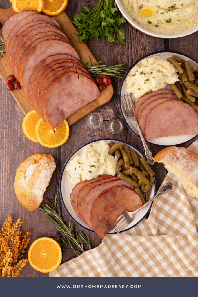 boneless baked ham dinner plated for Christmas