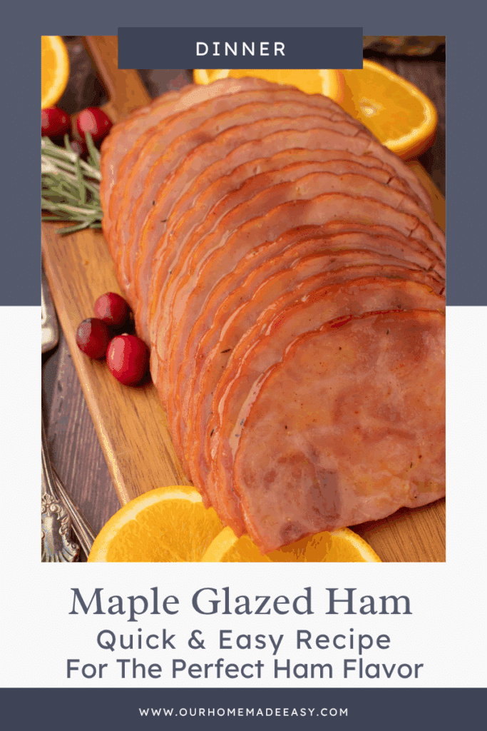 easy maple glazed ham on cutting board with text