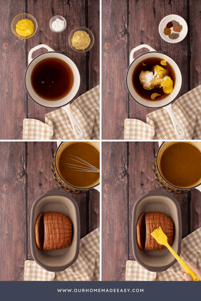 collage showing how to make maple glazed ham