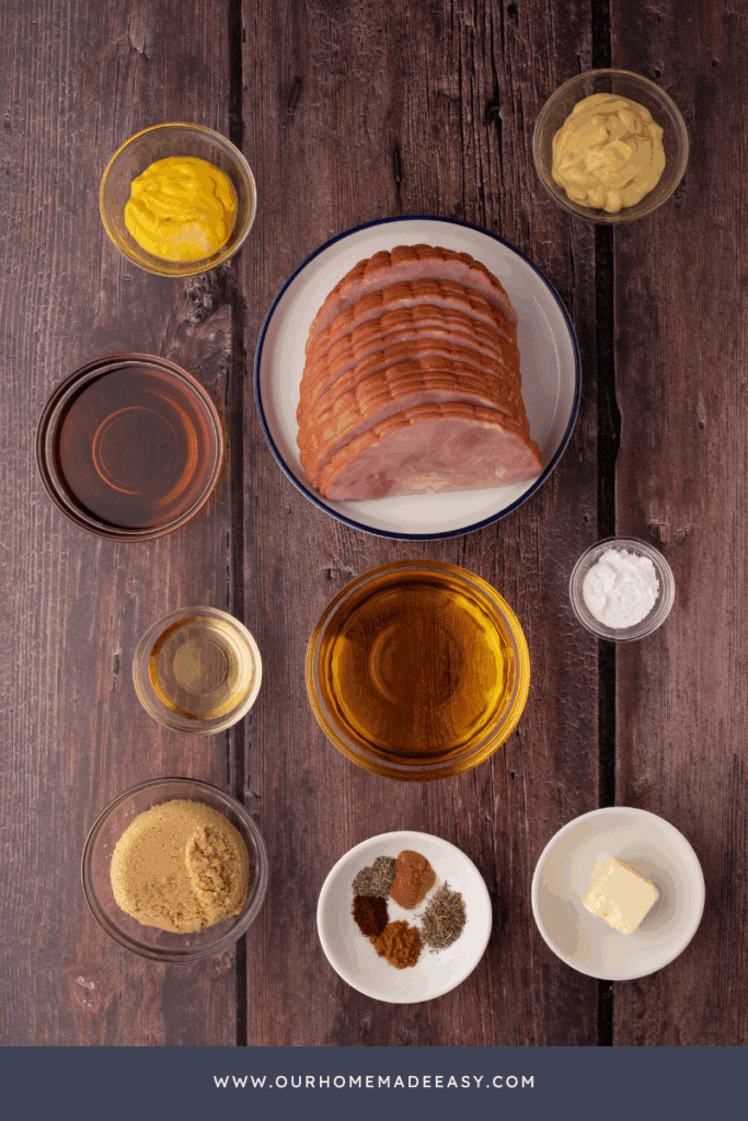 maple glaze ham ingredients on wood countertop