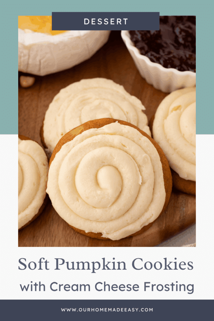 finished soft pumpkin cookies with frosting on board with text