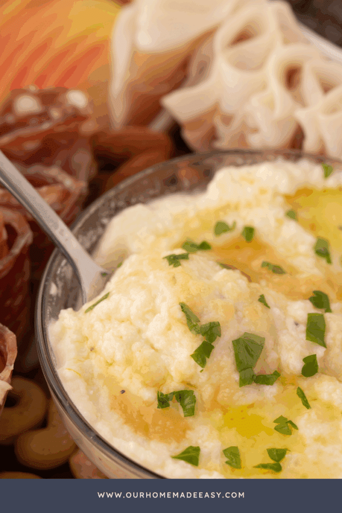 close up of finished honey creamy whipped ricotta dip