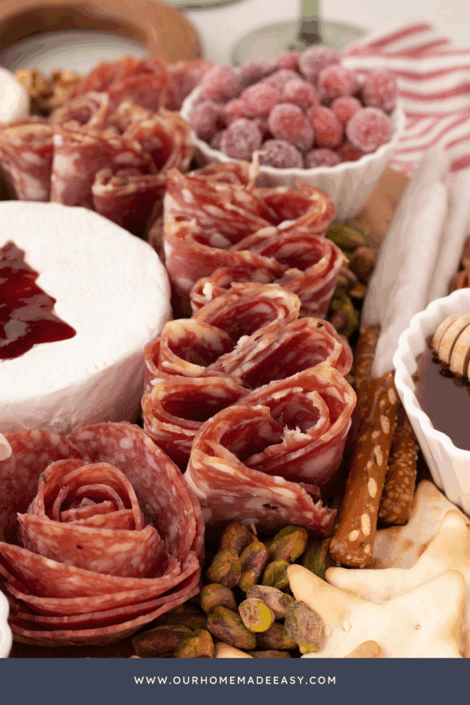 sopressetta meat, chocolate dipped pretzels on meat and cheese board