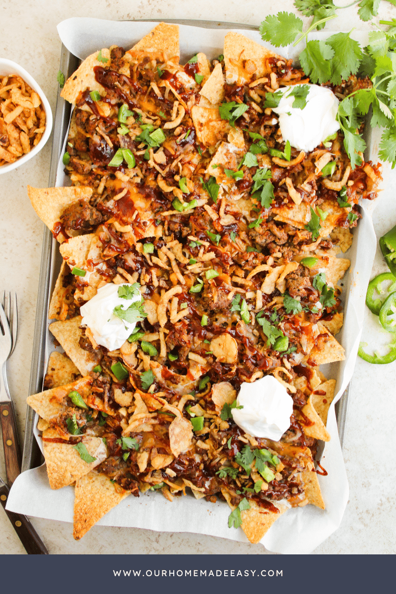 Looking down at finished sheet pan Cowboy Nachos