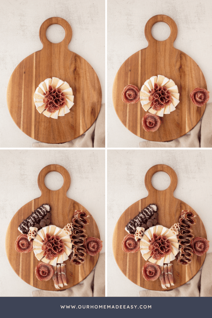 how to build brie charcuterie on wooden board collage