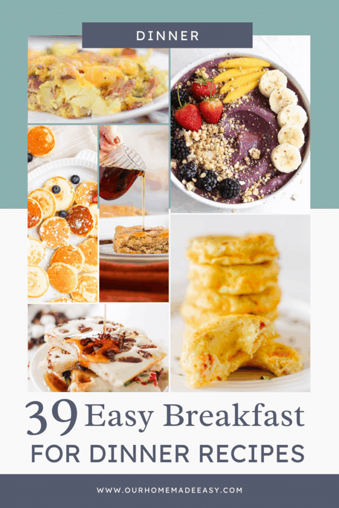 Collage of breakfast for dinner ideas with text