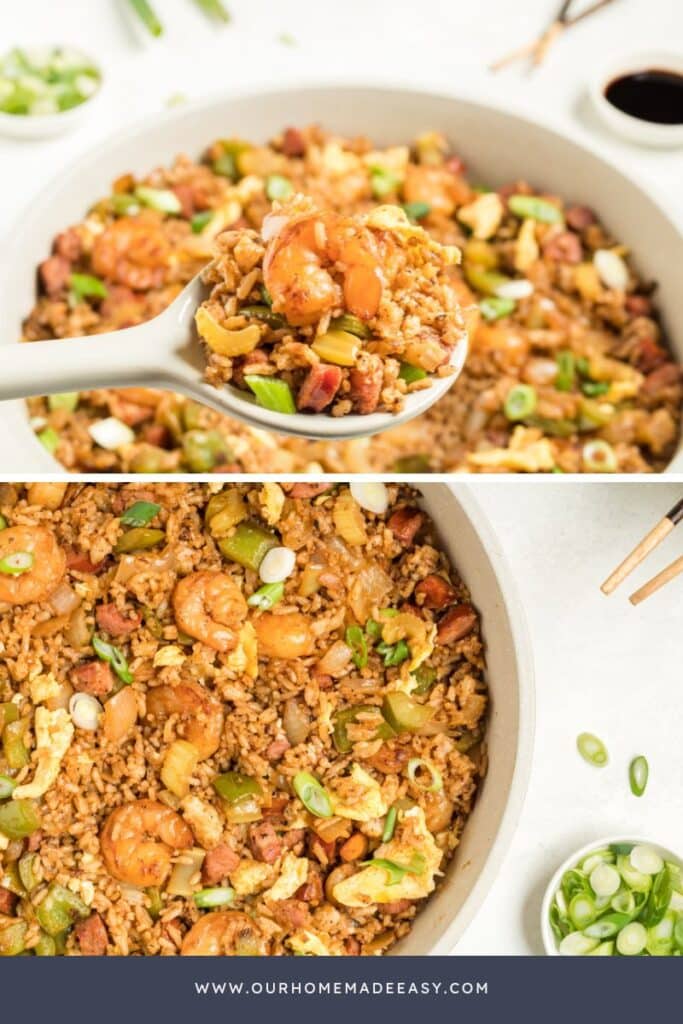 collage of finished Cajun fried rice