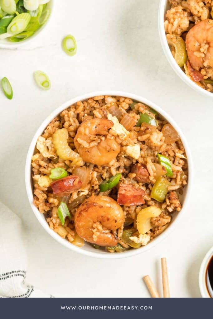 looking down at Fried Rice in white bowl on countertop