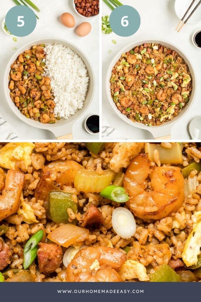 close up collage of finished andouille sausage shrimp rice