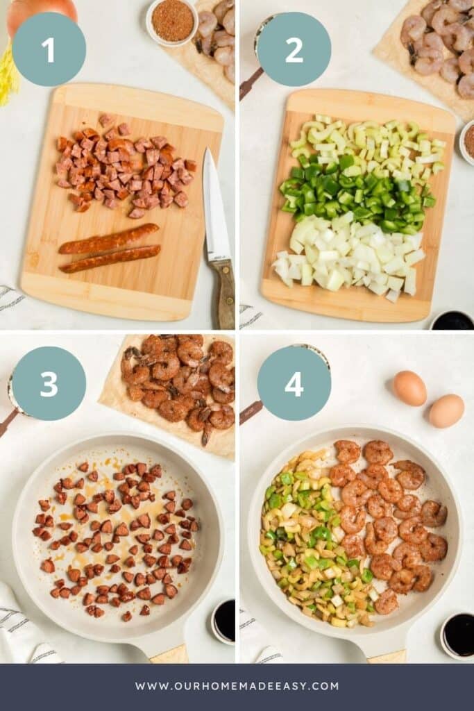 collage showing how to make cajun fried rice recipe