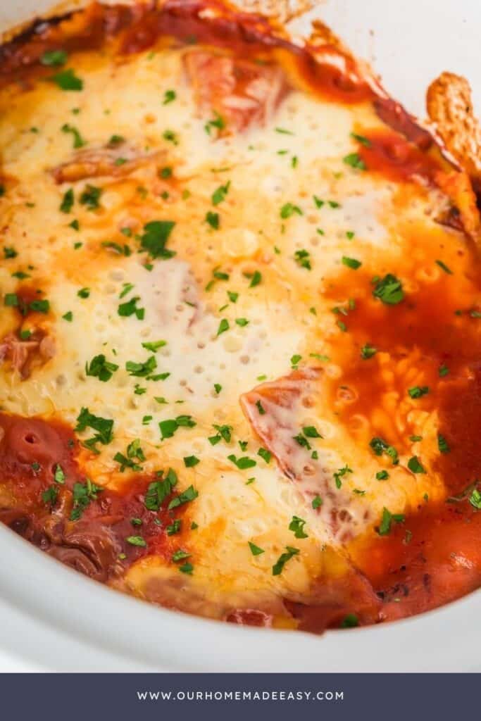 finished cheesy ravioli layers in crock pot