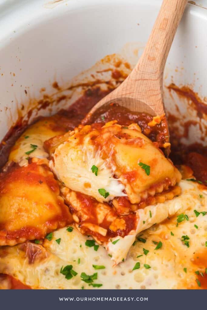 wooden spoon with cooked ravioli