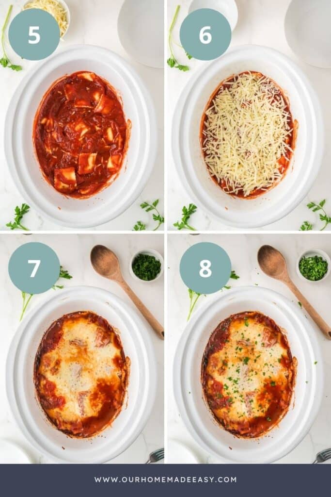 making layers of sauce cheese and ravioli in slow cooker collage