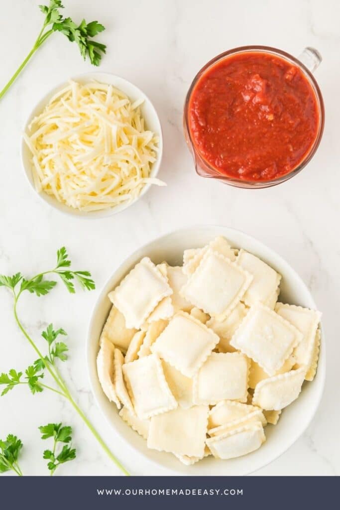 Crock Pot ravioli ingredients on countertop