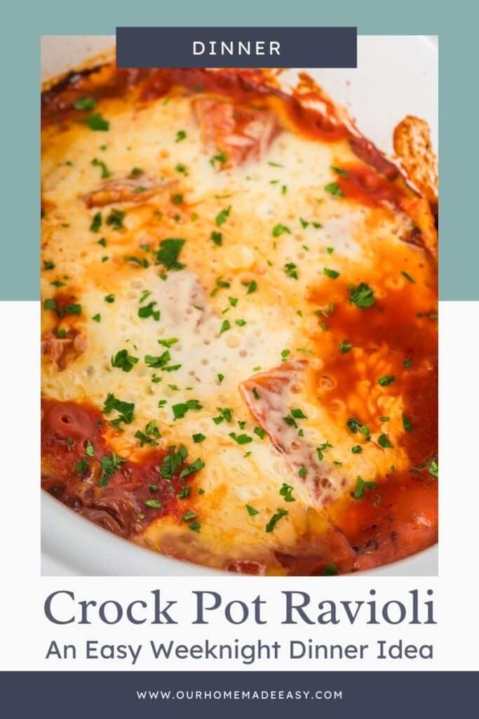 Crockpot ravioli with cheese and text