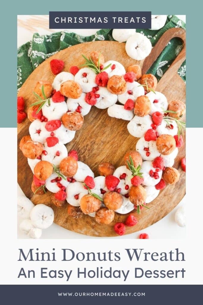 Finished Mini Donuts made into a Christmas wreath with text.