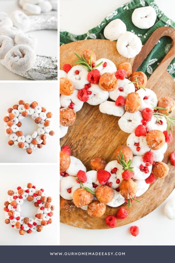 collage showing powdered donuts, Christmas wreath, and fresh rosemary