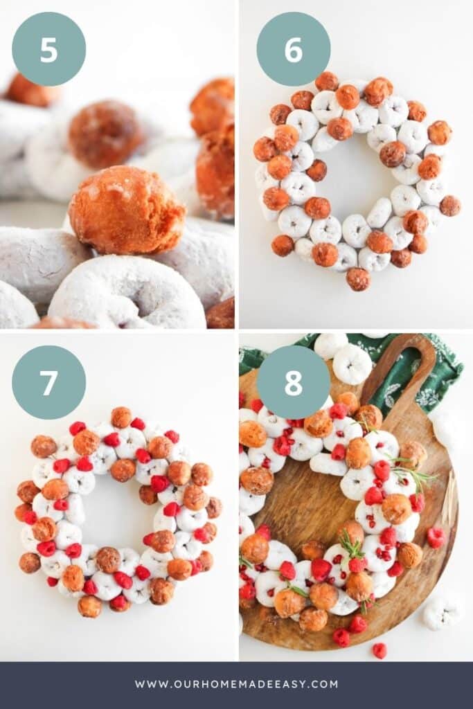collage showing how to build a Christmas wreath using powdered sugar donuts and donut holes