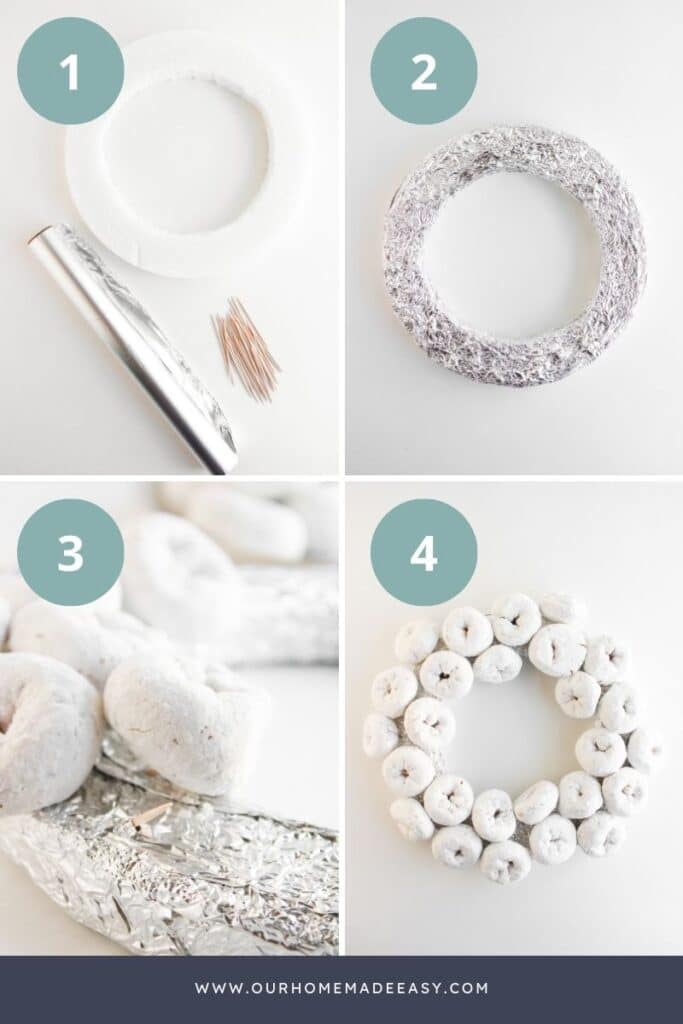 collage showing how to assemble a powered sugar mini donut wreath