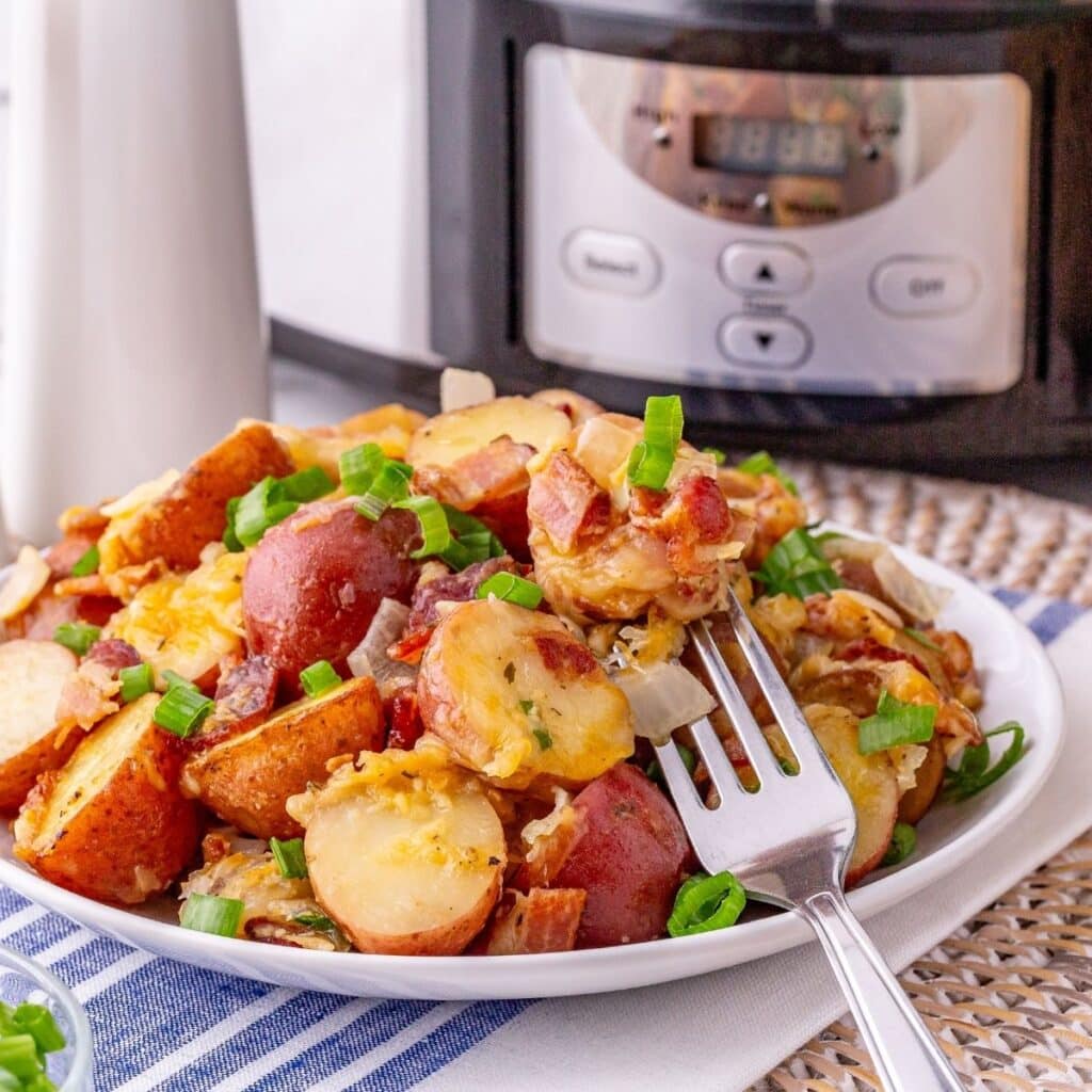 Finished bacon ranch potatoes in front of slow cooker