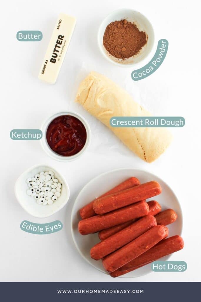 hot dog mummies in a blanket ingredients on kitchen counterop 