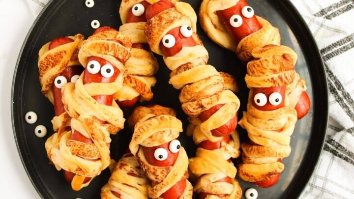 finished Mummy Hot dogs made with Pillsbury crescent rolls
