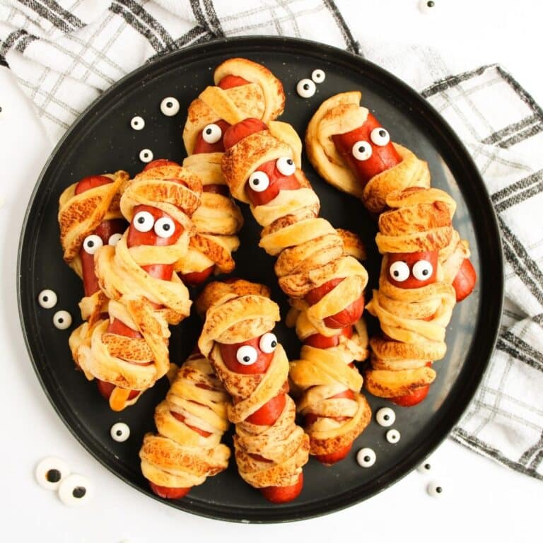 finished Mummy Hot dogs made with Pillsbury crescent rolls