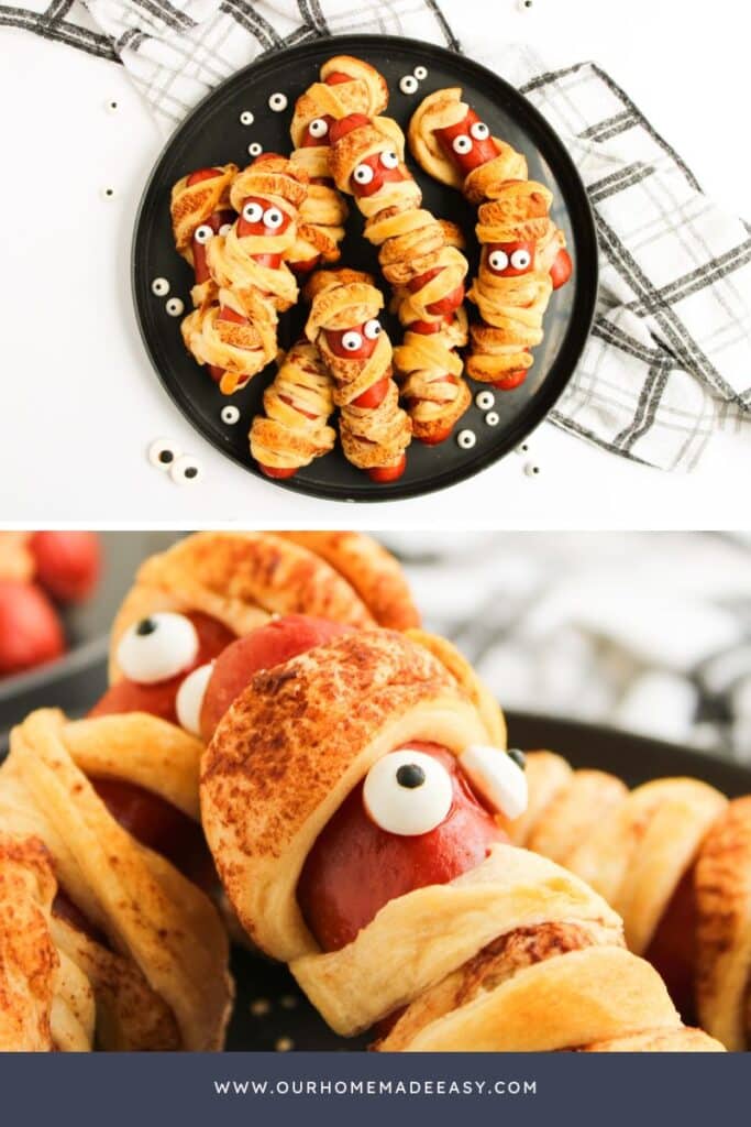 collage of finished mummy hot dogs