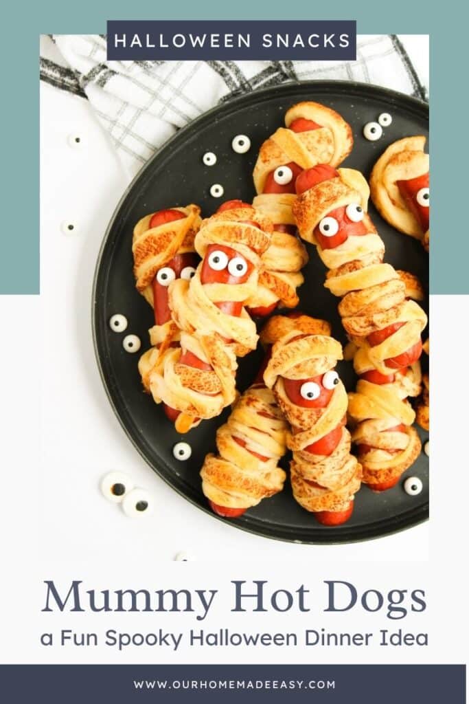 finished Mummy Hot dogs made with Pillsbury crescent rolls