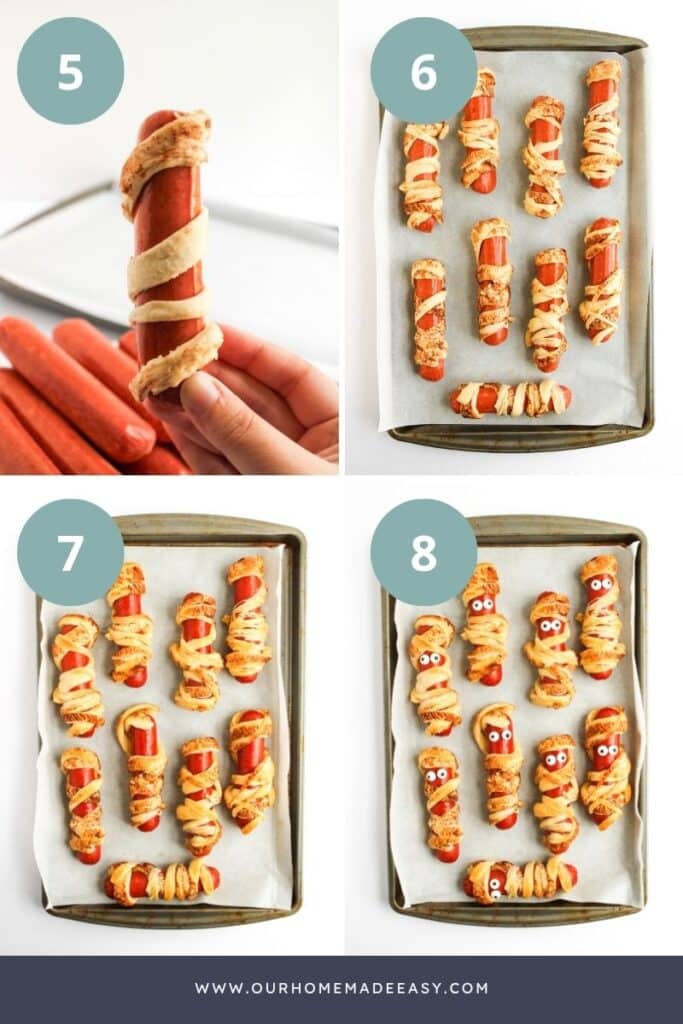 collage showing how to make mummy hot dogs